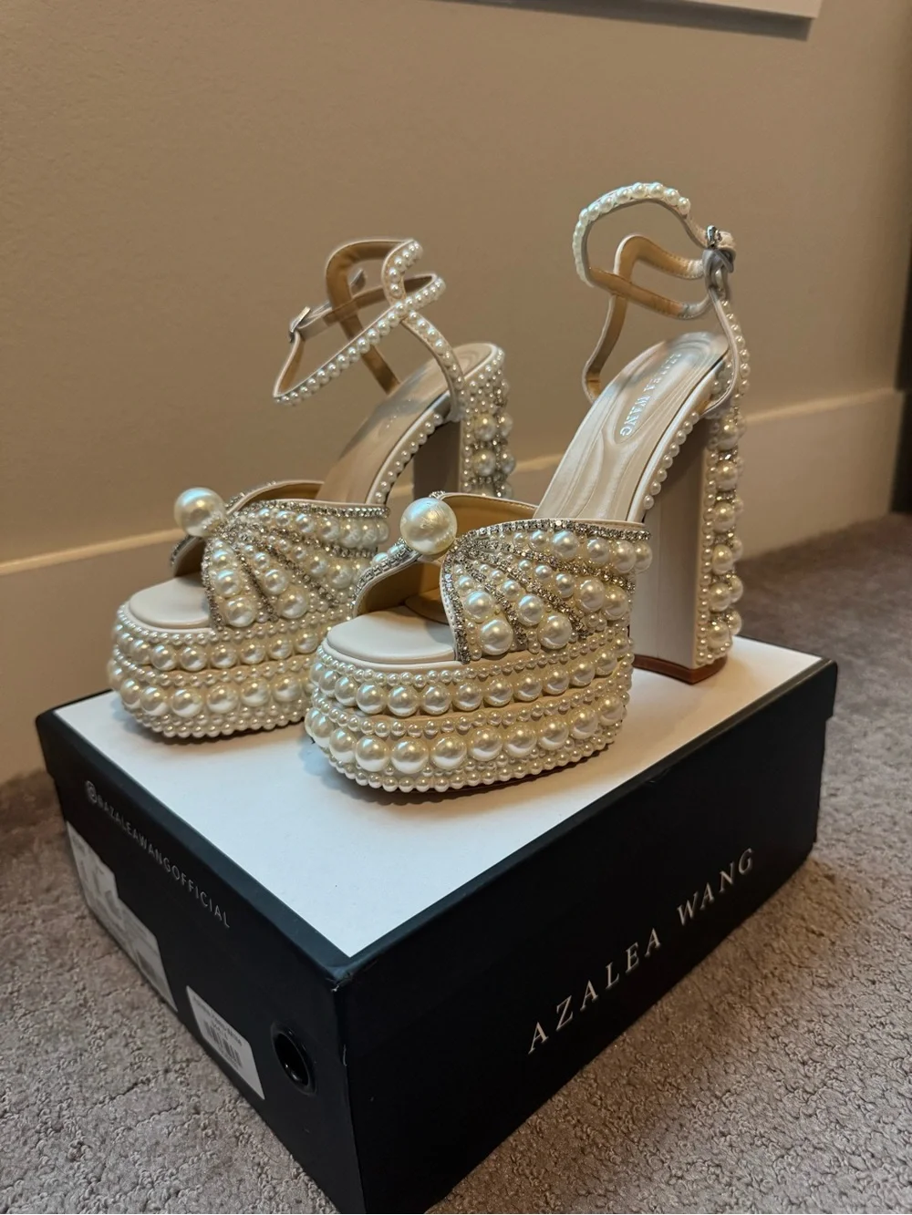 Astrella Pearl-Embellished White Platform Heel Sandal